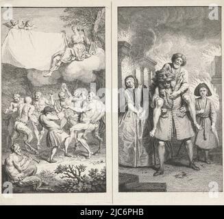 Deux représentations allégoriques, faites pour une édition de livre des pièces de Paul Scarron. A gauche: Satyres, faunes et maenades avec tambourines dansent avec le dramaturge Paul Scarron dans une clairière dans la forêt. Dans le ciel, deux putti avec Terpsichore tiennent un tissu. A droite: Aeneas, flanqué de son fils et de sa femme, sauve son père de la combustion de Troy, le dramaturge Paul Scarron danse avec satyres, fauns et maenads / Aeneas sauve son père de la combustion de Troy, imprimeur: Jacob Folkema, Louis Fabritius Dubourg, 1703 - 1767, papier, gravure, gravure, gravure h 127 mm × l 144 mm, FTZYC DOCTYPE Banque D'Images