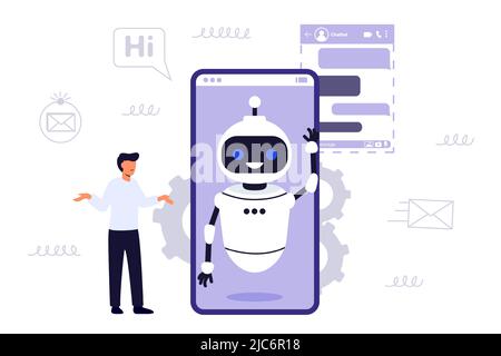 Chatbot ai robot assistant pour la correspondance d'utilisateur simulé question ou réponse service de discussion artificielle de logiciel dialogue aide service Flat Tiny v Illustration de Vecteur
