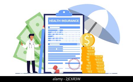 Concept de formulaire de réclamation d'assurance maladie Grande planchette à pince avec document sur elle sous le parapluie Finances de soins de santé et service médical vecteur d'assurance familiale Illustration de Vecteur