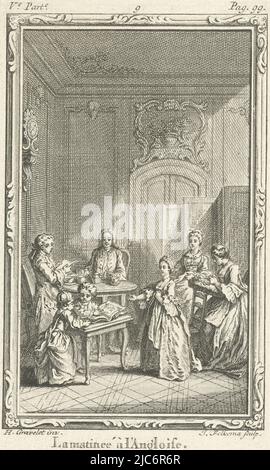 Une société composée de deux messieurs, deux dames et trois enfants dans un intérieur. Sous la représentation se trouve une légende d'une ligne en français. Imprimer en haut à gauche et à droite : Ve. Partie - page 99., Compagnie avec des enfants dans une intérieur des illustrations pour le roman d'amour de J.J. Rousseau (titre de la série), imprimeur: Jacob Folkema, (mentionné sur l'objet), Hubert François Gravelot, (mentionné sur l'objet), 1761, papier, gravure, h 158 mm × l 125 mm Banque D'Images