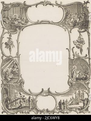 Cadre ornementé avec six représentations des histoires du Nouveau Testament, y compris le Christ lavant les pieds des disciples, le Christ dans le jardin de Gethsemane, et le transport de la croix par le Christ. En bas à droite, « non III.', framing avec des scènes du Nouveau Testament, imprimerie: Hendrik Numan, (mentionné sur l'objet), éditeur: Erven de Weduwe Jacobus van Egmont, (mentionné sur l'objet), imprimerie: Haarlem, éditeur: Amsterdam, 1761 - 1804, papier, h 405 mm × l 330 mm Banque D'Images