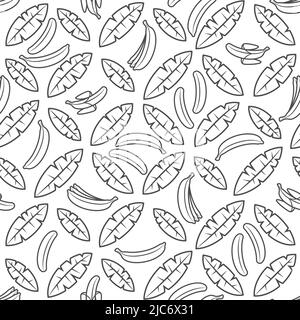 Motif sans couture avec feuilles de palmier noir et blanc et bananes. Arrière-plan vectoriel tropical avec objets isolés sur fond blanc. Illustration de Vecteur