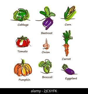 Ensemble de légumes. Chou, betterave, maïs, tomate, oignon, carotte, citrouille, brocoli, aubergine. Légumes de couleur vive avec texte sur fond blanc ac Illustration de Vecteur