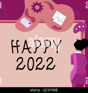 Légende conceptuelle Happy 2022. Heure ou jour de la présentation d'une nouvelle année calendaire à partir de maintenant femme d'affaires présentant une proposition commerciale Banque D'Images