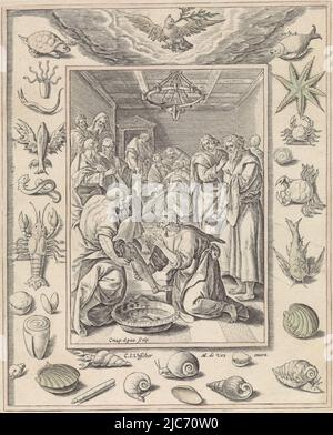 Christ lavant les pieds de l'apôtre Pierre. La scène est encadrée par une bordure ornementale ornée de coquillages et de poissons, et l'Esprit Saint sous la forme d'une colombe., Footwashing of Peter passion of Christ (titre de la série), scénographe: Crispijn van de passe (I), (mentionné sur l'objet), Maerten de vos, (mentionné sur l'objet), éditeur: Claes Jansz. Visscher (II), (mentionné sur l'objet), imprimerie: Anvers, éditeur: Amsterdam, 1580 - 1588, papier, gravure, h 189 mm × l 156 mm Banque D'Images