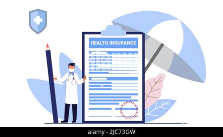 Concept de formulaire de réclamation d'assurance maladie Grande planchette à pince avec document sur elle sous le parapluie Finances de soins de santé et service médical vecteur d'assurance familiale Illustration de Vecteur