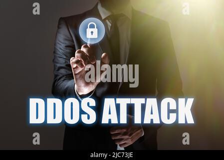 Légende conceptuelle attaque DDoS. Business Showcase l'auteur cherche à rendre la ressource réseau indisponible -48931 Banque D'Images