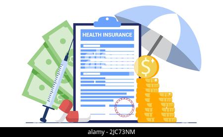 Concept de formulaire de réclamation d'assurance maladie Grande planchette à pince avec document sur elle sous le parapluie Finances de soins de santé et service médical vecteur d'assurance familiale Illustration de Vecteur