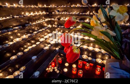 Bucarest, Roumanie - 14 avril 2019 : les croyants catholiques romains assistent à la célébration du dimanche des palmiers à la cathédrale Saint-Joseph, à Bucarest. Banque D'Images