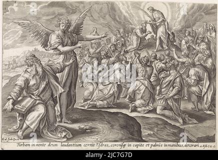 Ezra est assis au premier plan sur la droite et est pointé vers une vision par un ange. Ezra voit le fils de Dieu sur le mont Sion, couronnant le peuple et lui accordant des branches de palmier. Au-dessous de la représentation une référence en latin au texte de la Bible apocryphe dans 4 Ezra 2. Première vision d'Ezra: Le fils de Dieu couronne la foule visions d'Ezra Thesaurus sacrarum historiarum veteteris testamenti , dessinateur intermédiaire: Maerten de vos, (mentionné sur l'objet), imprimeur: Anonyme, éditeur: Gerard de Jode, (mentionné sur l'objet), Anvers, 1585, papier, gravure, h 204 mm × l 295 mm Banque D'Images
