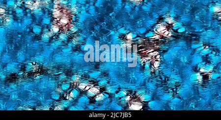 Gros plan sur une magnifique texture bleu abstrait avec des taches blanc-rouge. Motif ondulé ressemblant à de l'eau de mer ondulée ou du verre dans un arrière-plan artistique sans couture. Banque D'Images