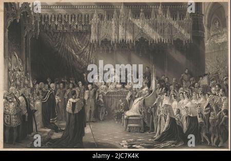 Couronnement de la reine Victoria d'Angleterre. Après George Hayter, avec l'adresse de graves et Warmsby. Croquis et légende en bois joints, imprimeur: Henry Thomas Ryall, après: George Hayter (Sir), éditeur: Graves & Warmsby, Angleterre, 1821 - 1867, papier, gravure Banque D'Images