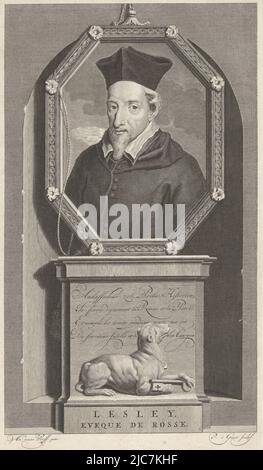 John Lesley, évêque de Ross et champion de Mary Stuart. Sous le portrait, un chien tenant une clé. L'imprimé a comme légende un poème français sur sa vie. Portrait de l'évêque John Lesley, imprimeur: Pieter van Gunst, (mentionné sur l'objet), après: Adriaen van der Werff, (mentionné sur l'objet), Amsterdam, c. 1669 - 1731, papier, gravure, gravure, h 318 mm × l 186 mm Banque D'Images