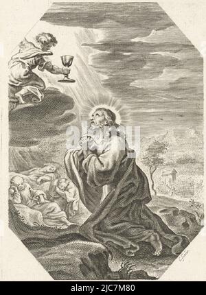 Juste avant sa capture, Christ prie pour aide dans le jardin de Gethsémané. Un ange apparaît devant lui tenant un calice. En arrière-plan, les disciples endormis à gauche, les soldats en approche à droite. Troisième impression d'une série de 13, représentant la passion du Christ, le Christ dans le jardin de Gethsemane Tristis et anime mea vsqve ad mortem la passion , imprimerie: Cornelis Galle (I), (mentionné sur objet), pays-Bas du Sud, 1586 - 1650, papier, gravure, h 133 mm × l 94 mm Banque D'Images