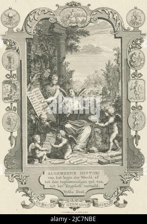 Histoire dans la conversation avec une femme, qui montre une feuille de papier montrant toutes sortes de villes grecques. En arrière-plan, Aeneas sauve son père Anchises de brûler Troy. Dans le cadre des médaillons cartouche avec les dieux de l'Olympe. Cartouche avec allégorie sur l'histoire des Grecs page titre pour: K. Westerbaen, Algemeene histori, 1740, imprimerie: Jan Caspar Philips, (mentionné sur objet), Jan Caspar Philips, (mentionné sur objet), éditeur: Hermanus Besseling, (Mentionné sur l'objet), imprimeur: Amsterdam, éditeur: Utrecht, 1740, papier, gravure, gravure, h 171 mm × l 122 mm Banque D'Images