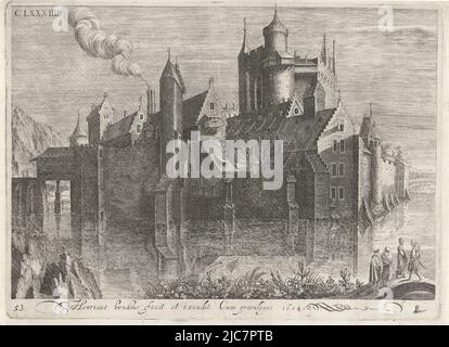 Un château entouré d'eau. La fumée provient d'un arbre de cheminée sur la gauche. Avant droit quatre figures sur un pont. En haut à gauche : CLXXXIIII. En bas à droite dans la marge une cartouche de borax comme signature de Hondius, Castle by River., imprimerie: Hendrick Hondius (I), imprimerie: Simon Frison, (attribution rejetée), éditeur: Hendrick Hondius (I), (mentionné sur l'objet), 1614, papier, gravure, h 173 mm × l 239 mm Banque D'Images
