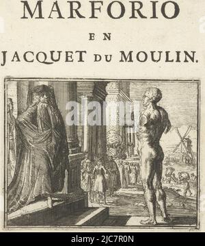 Page de titre de la brochure : Samenspraak tusschen Marforio en Jacquet du Moulin, 1701. La statue de Marforio (un homme sans armes) se plaint à Jacquet de Moulin, le fils de Miller de James II Page de titre de la brochure: Saamenspraak tusschen Marforio en Jacquet du Moulin, 1701 Saamenspraak tusschen Marforio en Jacquet du Moulin Esopus in Europa , imprimerie: Romeyn de Hooghe, pays-Bas du Nord, 1701, papier, gravure, impression typographique, h 175 mm × l 140 mm Banque D'Images