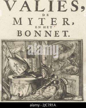 Page de titre de la brochure : Samenspraak tusschen het Valies, de Myter, en het Bonnet, 1701. Tambour avec un miter et le personnel de l'évêque, des livres d'église montrant une coiffure jésuite, et une sorte de tronc d'où les bulles montent. Caricature sur la rareté de l'argent en France et le rôle alterné de Joseph Klemens, l'électeur de Cologne, en tant qu'évêque et général. Page de titre de la brochure: Saamenspraak tusschen het Valies, de Myter, en het Bonnet, 1701 Saamenspraak tusschen het Valies, de Myter, en het Bonnet Esopus in Europa , imprimerie: Romeyn de Hooghe, pays-Bas du Nord, 1701, papier, gravure Banque D'Images