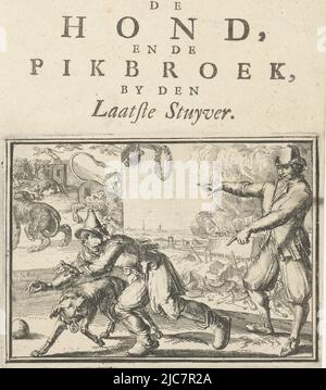 Page de titre de la brochure: De Leuterbol van Diest, de Hond en de Pikbroek, par den Laatste Stuyver, 1702. Un marin hollandais rit tandis qu'un Français et un chien s'enfusillent, effrayés par un tir de SAS-van-Gent (en arrière-plan). Page de titre de la brochure: De Leuterbol van Diest, de Hond en de Pikbroek, par den Laatste Stuyver, 1702 de Leuterbol van Diest, de Hond en de Pikbroek, par den Laatste Stuyver Esopus in Europa , imprimerie: Romeyn de Hooghe, pays-Bas du Nord, 1702, papier, gravure, impression typographique, h 175 mm × l 140 mm Banque D'Images