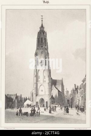 La tour de l'église est dans l'ombre. Dans la place en face de lui les figures sont debout et de marche. A droite de l'église, au bout d'une rue, se trouve un moulin à vent, Nieuwe Kerk à Delft, vues des villes néerlandaises, imprimeur: Gijsbertus Craeyvanger, (mentionné sur l'objet), imprimeur: Desguerrois & Co., (mentionné sur l'objet), imprimeur: Pays-Bas, imprimeur: Amsterdam, 1820 - 1895, papier, h 344 mm - l 270 mm Banque D'Images