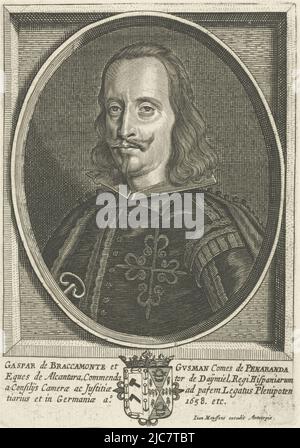 Portrait de Gaspar de Bracamonte y Guzman, comte de Penaranda. Dans le centre inférieur de la marge son blason. Portrait de Gaspar de Bracamonte y Guzman, imprimerie: Joannes Meyssens, imprimerie: Cornelis Meyssens, éditeur: Joannes Meyssens, (mentionné sur l'objet), Anvers, 1640 - 1670, papier, gravure, h 176 mm × l 123 mm Banque D'Images