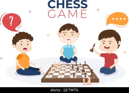 Dessin-modèle de jeu de Chess Board Illustration d'arrière-plan avec deux petits enfants mignons assis en face et jouant pour Hobby activité dans le style plat Illustration de Vecteur