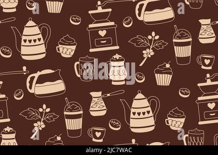 Motif café sans coutures vintage. Boisson de tasse de dessin animé, haricots et pot de glace. Petit déjeuner cappuccino tasse espresso décoration sans limites. Vecteur linéaire sans fin papier album menu café Illustration de Vecteur