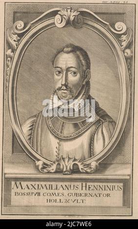 Portrait dans un cadre ornementé avec légende en latin. Numéroté en haut à droite: Déc. 2. Page. 21. Portrait de Maximilian de Hennin comte de Boussu, imprimerie: Anton Tischler, (mentionné sur l'objet), éditeur: Emmerich Felix Bader, Vienne, 1731 - 1780, papier, gravure, h 265 mm × l 165 mm Banque D'Images