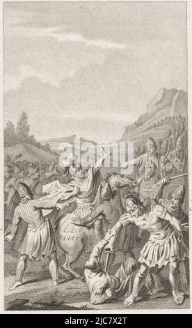 Pomaxaethres, un soldat parthien, tue Crassus qui tente de s'enfuir à cheval. Octavius stabait une main poignante et en même temps est lui-même attaqué de derrière par l'ennemi, mort de Marcus Licinius Crassus, imprimeur: Ludwig Gottlieb Portman, dessinateur intermédiaire: Jacobus Buys, Amsterdam, 1800, papier, gravure, h 217 mm × l 133 mm Banque D'Images