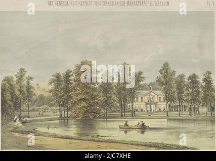 Un bateau à rames avec un homme, une femme et trois enfants se trouve sur un étang. Autour de l'étang parmi les arbres, plusieurs personnages marchent, y compris un homme avec un chien. En face se trouve une villa. À gauche dans un pré clôturé sont un cheval et un âne. En haut à droite : PL. V. vue de la maison des directeurs Meerenberg vue d'une partie des promenades et de l'étang, avec la maison du premier directeur médical l'institut médical pour l'aliéné Meerenberg près de Haarlem , imprimerie: Gerardus Johannes Bos, (mentionné sur l'objet), imprimeur: Emrik & Binger, (mentionné sur l'objet), éditeur: J.J. Weeveringh, (mentionné sur l'objet Banque D'Images