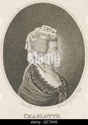 Portrait de Charlotte de Mecklembourg, Reine de Grande-Bretagne et d'Irlande, imprimerie: Hendrik Roosing, (mentionné sur l'objet), éditeur: Johannes Bal, (mentionné sur l'objet), Rotterdam, 1789, papier, gravure, h 174 mm - l 114 mm Banque D'Images