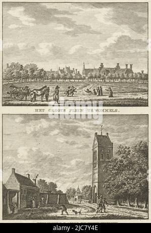 Deux scènes de village à Wommels avec Grote plein et l'église réformée néerlandaise la Groote plein à Wommels Wommels le long de la vue de l'église, imprimeuse: Carel Frederik Bendorp (I), dessinateur intermédiaire: Jan Bulthuis, 1786 - 1792, papier, gravure, h 175 mm × l 111 mm Banque D'Images