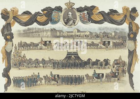 Funérailles du prince Henri le navigateur à Delft, 25 janvier 1879. Le cortège funéraire serpente en quatre rangées sur un carré. Parties de la procession indiquées par les lettres A-M. Représentation dans un cadre de tissus de deuil orange et noir drapés. En haut un portrait du prince décédé. En bas, le sabre du prince, des jumelles et une décoration sur un coussin près d'une ancre. L'imprimé comprend une déclaration (fragment de a), Burial solennel de son Altesse Royale le Prince Henry des pays-Bas 25 janvier 1879., Imprimeur: Anonyme, imprimeur: Emrik & Binger, (mentionné sur l'objet Banque D'Images