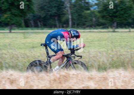 Montbrison, France. 08th juin 2022. Laurens de plus (équipe d'Ineos Grenadiers) vu en action lors de l'étape 4th du Criterium du Dauphine 2022. La quatrième étape du Criterium du Dauphine Libere est un essai individuel à une distance de 31,9 km entre Montbrison et la Bâtie d'Urfé dans le département de la Loire. Le vainqueur de la scène est Filippo Ganna (équipe d'Ineos Grenadiers) en 35mn 32s. Il est en avance sur Wout Van Aert (Jumbo Visma Team), 2nd à 2s ans, et Eythan Hayter (Ineos Grenadiers Team) à 17s ans. (Photo de Laurent Coust/SOPA Images/Sipa USA) crédit: SIPA USA/Alay Live News Banque D'Images