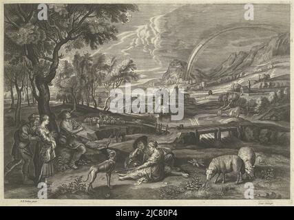 Paysage avec arc-en-ciel et bergers, Schelte Adamsz. Bolswert, imprimeur: Anonyme, après: Peter Paul Rubens, (mentionné sur l'objet), Anvers, 1596 - 1709, papier, gravure, h 323 mm × l 463 mm Banque D'Images