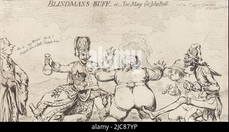 Caricature montrant John Bull (Grande-Bretagne) pris pour une promenade par les autres puissances européennes, juin 1795. À gauche, il est volé par l'empereur des Habsbourg François II et l'hussar prussien, à droite il reçoit un coup de pied sur l'arrière du Français tandis que le Hollandais souffle la fumée de tabac dans son visage. À gauche, William Pitt encourage les partis, John Bull à la prise par les puissances européennes, 1795 Blindmans-Buff-or-too Many pour John Bull , imprimeur: James Gillray, éditeur: Hannah Humphrey, (mentionné sur l'objet), Londres, 12-juin-1795, papier, gravure, h 250 mm × l 353 mm Banque D'Images