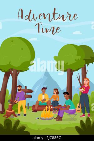 Les amis se détendent dans la nature. Camping estival, randonnée, camping-car, concept de temps d'aventure. Illustration vectorielle plate pour affiche, bannière, prospectus. Illustration de Vecteur