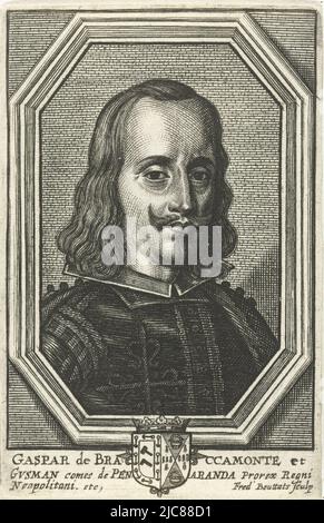 Portrait dans un cadre ovale de Gaspar de Bracamonte, Comte de Penaranda. Buste à droite. L'impression comporte une légende latine avec le nom de la personne représentée. Portrait de Gaspar de Bracamonte Portraits d'hommes d'État , imprimerie: Frederik Bouttats (I), (mentionné sur l'objet), éditeur: Theodor van Merlen (II), Anvers, 1631 - 1676, papier, gravure, h 87 mm × l 56 mm Banque D'Images