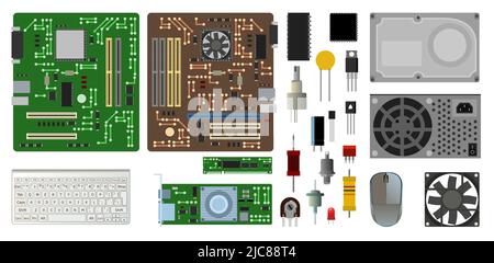 Jeu de pièces de rechange pour ordinateur personnel. Accessoires pour PC portables. Clavier et souris. Alimentation disque dur. Carte mère et carte vidéo. Isolé sur blanc Illustration de Vecteur