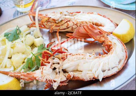 Homard fissuré sur une assiette avec pommes de terre et oignons sur le côté Banque D'Images