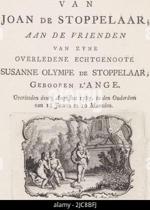 Trois putti pleurant à un monument funéraire. Sur la gauche mort sous le couvert d'un squelette avec un scythe. Haut centre dans le cadre orné un sablier ailé symbolisant le passage du temps, Weeping putti at a grave page titre pour: J. de Stoppelaar, Treurgements de Joan de Stoppelaar , 1785, imprimeur: Robbert Muys, (mentionné sur l'objet), éditeur: Jan de Groot Pz., (mentionné sur l'objet), imprimeur: Rotterdam, éditeur: Delft, 1767, papier, gravure, h 60 mm × l 90 mm Banque D'Images