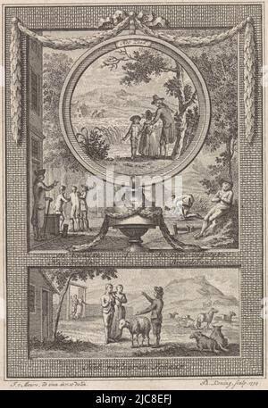 Feuille avec trois représentations bibliques avec titre. Au-dessus d'un médaillon avec la parabole du sower (Mat 13: 1-9). Au centre une représentation avec les deux frères inégaux. Au-dessous d'un berger avec un mouton, une scène de la parabole du mouton perdu. Cet imprimé est une illustration de 'Uitgezogte bijbelsche storyen, tot een leesboek voor de jeugd', trois scènes bibliques., imprimeur: Theodoor Koning, (mentionné sur l'objet), Jacobus van Meurs, (mentionné sur l'objet), éditeur: Kuijper & van Vliet, (mentionné sur l'objet, Amsterdam, 1794, gravure, h 153 mm × l 91 mm Banque D'Images