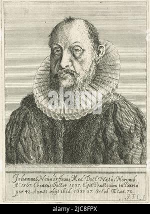 Portrait de Johannes Neudrffer, médecin à Nuremberg, portrait de Johannes Neudrffer, imprimeur: Johann Friedrich Leonard, (mentionné sur l'objet), 1643 - 1680, papier, gravure, h 163 mm × l 118 mm Banque D'Images