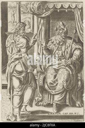 Illustration de livre accompagnant l'histoire de la punition de David (2 Samuel 12: 1-14). Le roi David est visité par le prophète Natan. Ce dernier lui dit une parabole pour souligner ses défauts. Il dit ensuite à David que Dieu le punira en tuant son premier-né. L'imprimé comprend une légende avec une référence au passage de la Bible qui l'accompagne, les scènes de punition de David de la Bible Biblia sacra , imprimerie: Abraham de Bruyn, Gerard van Groeningen, Anvers, 1583, papier, gravure, h 164 mm × l 113 mm Banque D'Images