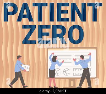 Texte d'écriture patient zéro. Aperçu de l'entreprise principal porteur de la maladie hautement contagieuse collègues dessin debout à côté du tableau Banque D'Images