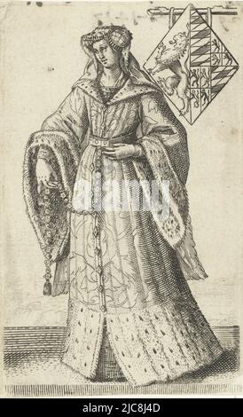 Portrait de Jacoba de Bavière, comtesse de Hollande, de Zélande et de Hainaut, debout à gauche, derrière un blason. Imprimé d'une série de 36 tirages avec des portraits en longueur de comtes et comtesses de Hollande, Portrait de Jacoba van Beieren, comtesse de Hollande, Zeeland et Hainaut comtesses et comtesses de Hollande , imprimerie: Adriaen Matham, Haarlem, 1620, papier, gravure, h 130 mm × l 80 mm Banque D'Images