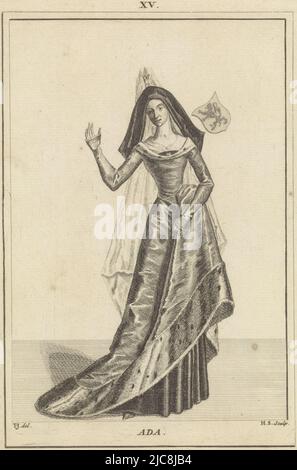 Portrait d'Ada, comtesse de Hollande. Au-dessus de son épaule le manteau des bras de Hollande. En haut au centre : XV Portrait d'Ada, comtesse de Hollande, imprimeur: Hendrik Spilman, (mentionné sur l'objet), dessinateur intermédiaire: Tako Hajo Jelgersma, (mentionné sur l'objet), après: Anonyme, Haarlem, 1745, papier, gravure, h 192 mm × l 135 mm Banque D'Images