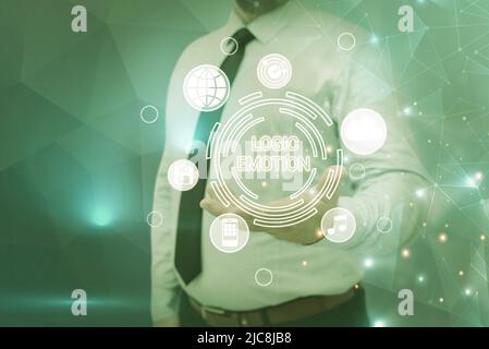 Signe affichant l'émotion logique. Concept d'affaires sentiments désagréables tourné à respect de soi homme d'affaires d'esprit raisonnable en costume tenant la paume ouverte Banque D'Images