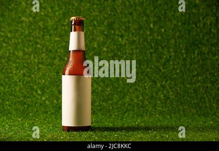 Bouteille de bière sur fond d'herbe verte. Concept de fan de football Banque D'Images