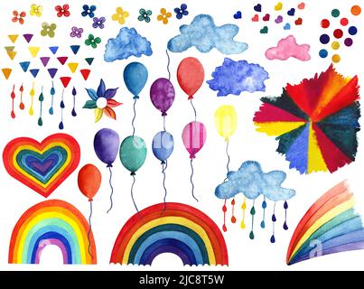 aquarelle illustration arc-en-ciel avec de petits éléments diferents style aquarelle. Étoiles, cœurs, ballons Banque D'Images